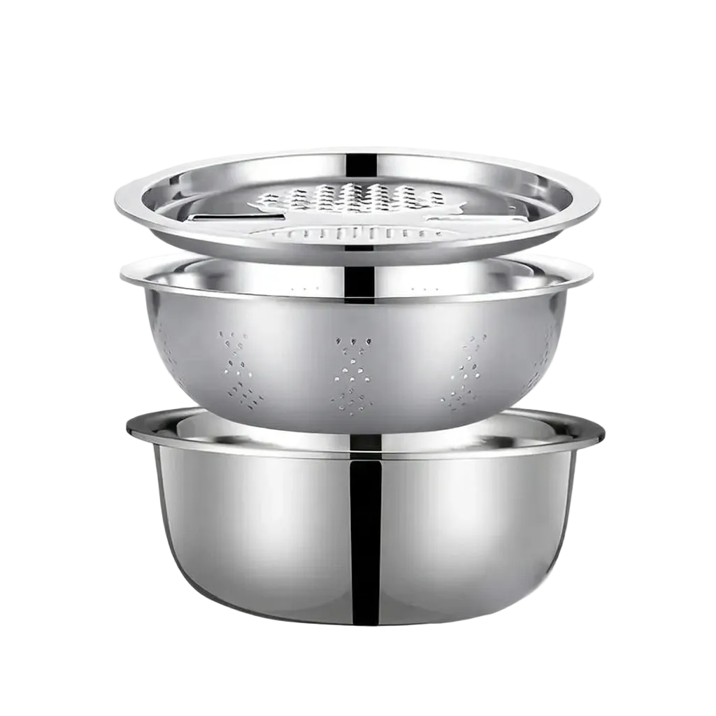 3‑in‑1 Stainless Steel Kitchen Set – Grater, Strainer & Mixing Bowl