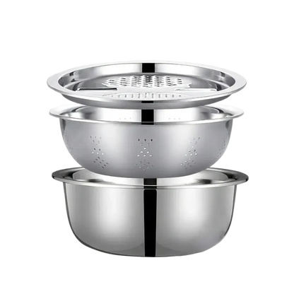 3‑in‑1 Stainless Steel Kitchen Set – Grater, Strainer & Mixing Bowl