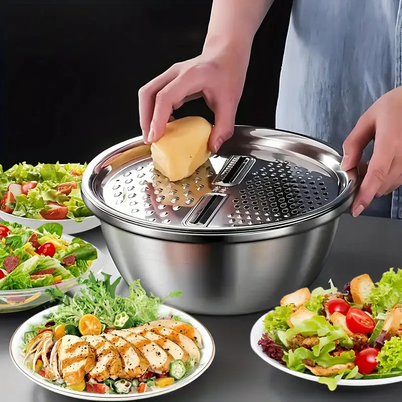 3‑in‑1 Stainless Steel Kitchen Set – Grater, Strainer & Mixing Bowl